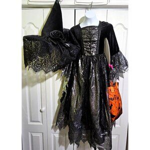 Gothic Witch Costume Girls 8-10 Dress Hat Veil Dark Bride Velvet Lace Halloween